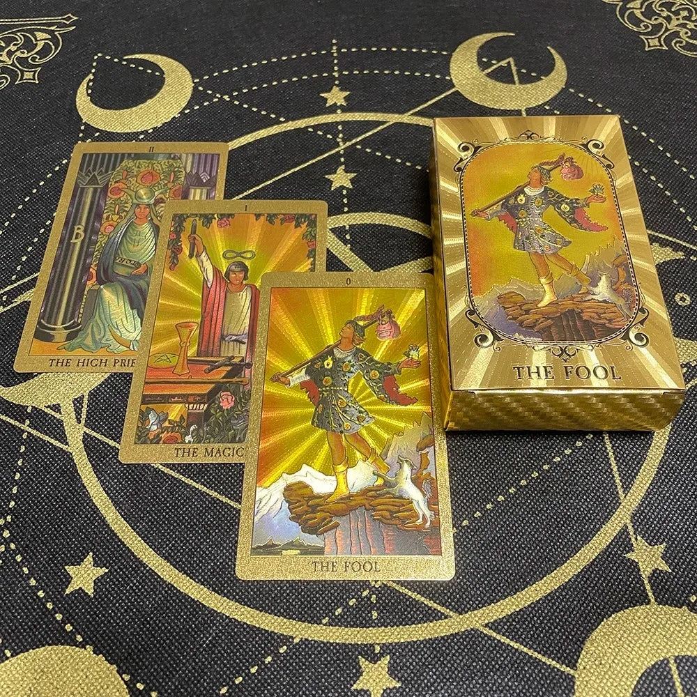 Gold Foil Tarot Cards Waterproof Whitch Divination Props Classic Catan Board Game Beginner Prophecy for Self-Learning Props Cat