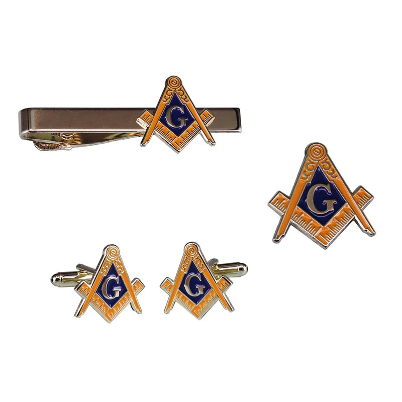 Masonic Compasses Freemason Mason Pin and Cuff Links and Tie Clip Set