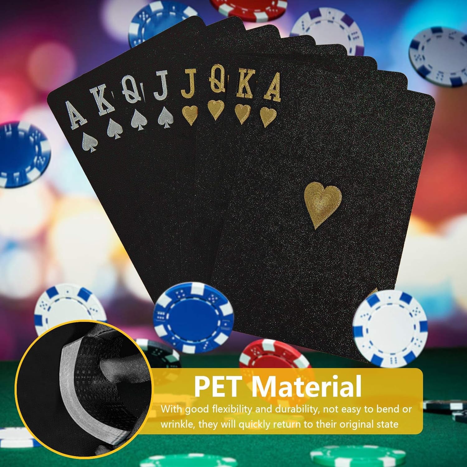 Playing Card Waterproof Poker Cards 1/2 Decks Durable Flexible Waterproof Patterned Design PET Poker Playing Cards for Family Game Party 1Pc Black+1Pc Gold