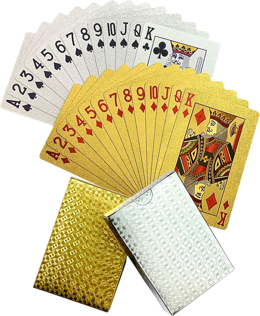 2 Decks Playing Cards Gold Silver Diamond 24K Foil Waterproof Poker HD Kids Adults Magic Party Games (Gold Silver)