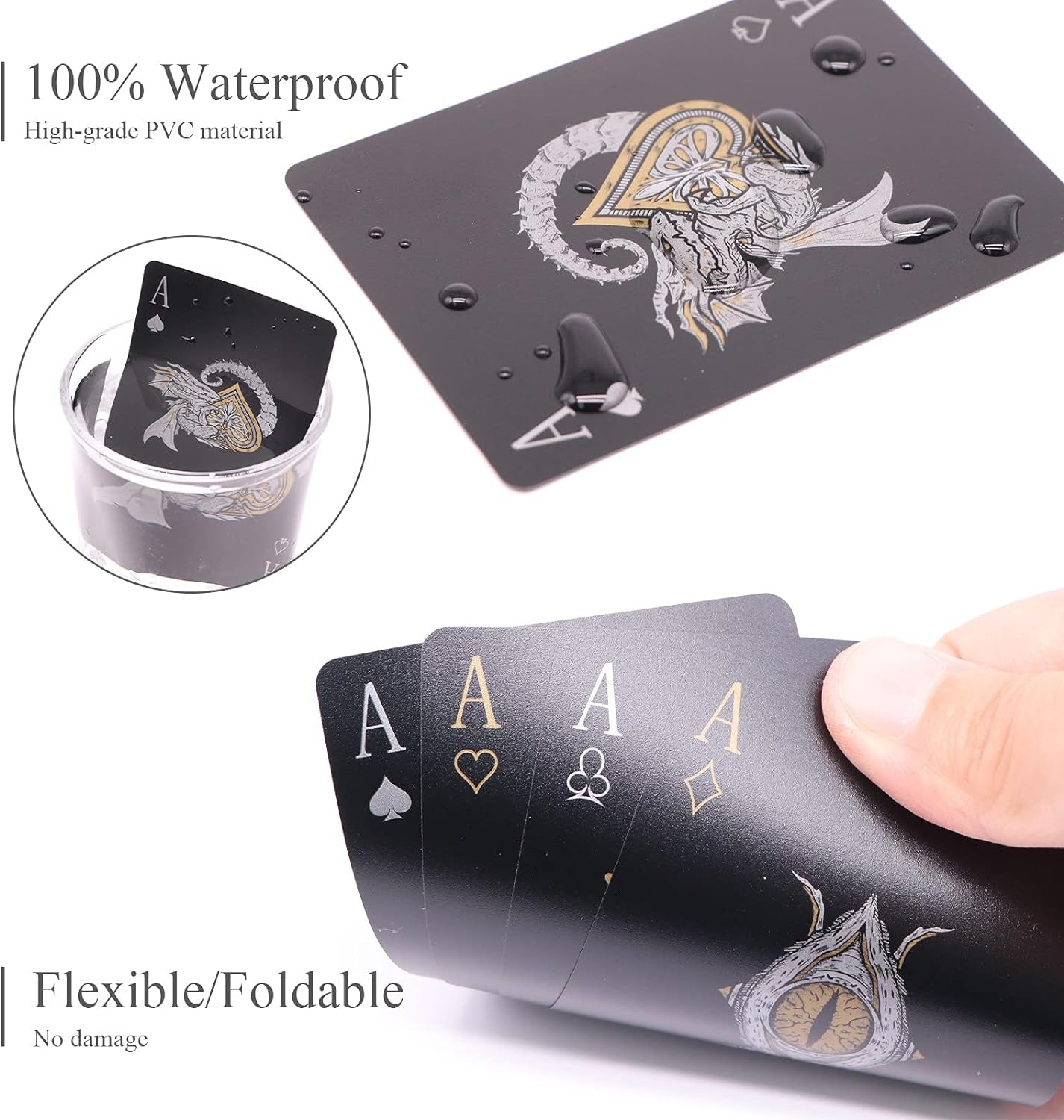 Easy Shuffling Plastic Waterproof Playing Cards,Cool Black Dragon Poker Cards for Game and Party, Deck of Cards（Dragon