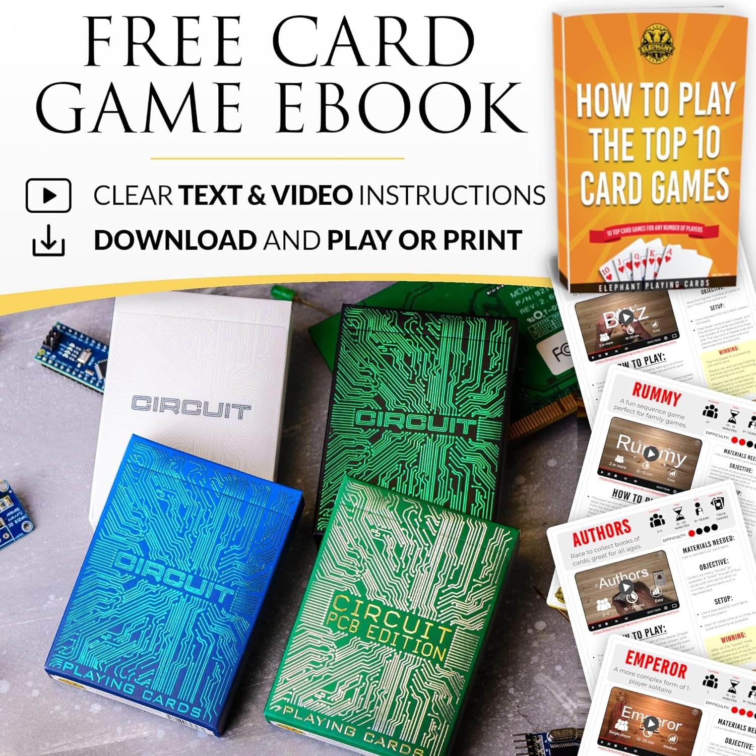 Circuit Playing Cards, Creative Deck of Cards with Free Card Game Ebook, Premium Card Deck, Cool Poker Cards, Unique Bright Colors for Kids & Adults, Computer Themed, Black Playing Cards